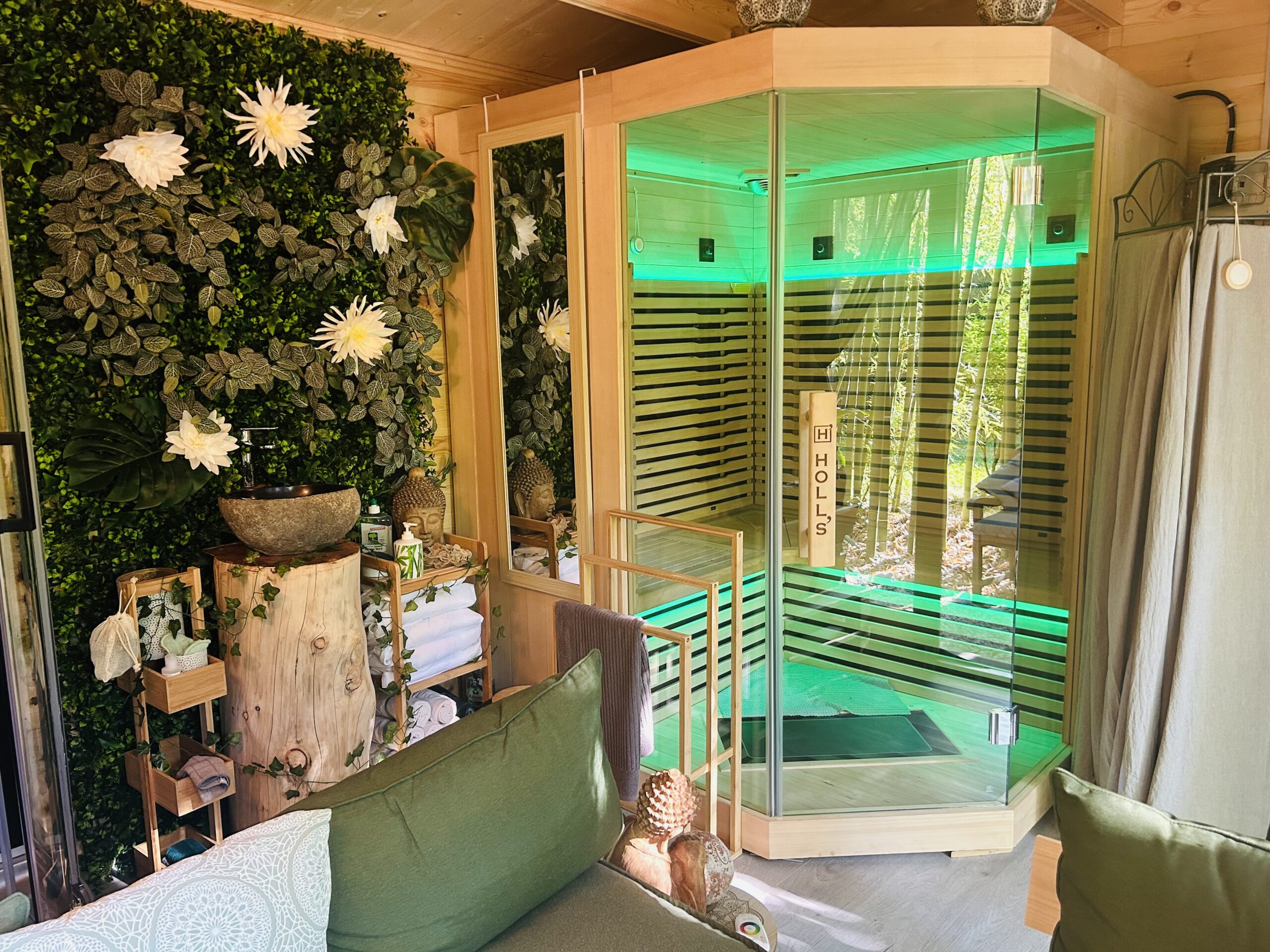 Ambiance du sauna privatif de L’Essence Bambou